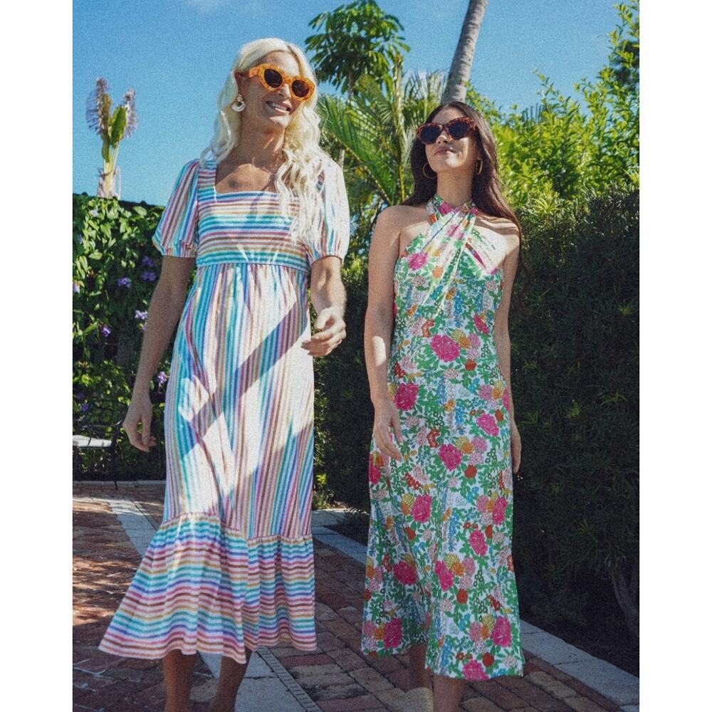 Smith & Quinn Lucy Colorful Rainbow Stripe Puff Sleeve Midi Stretch Dress